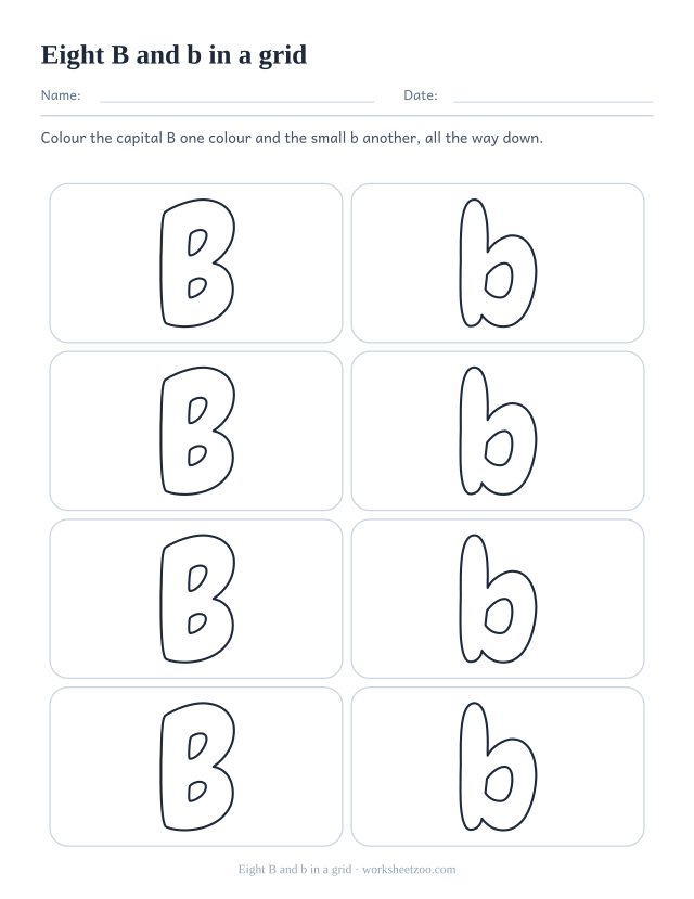 Printable grid of eight bubble letters alternating capital B and small b