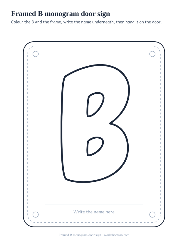 Printable B monogram sign, a framed bubble letter B above a name line
