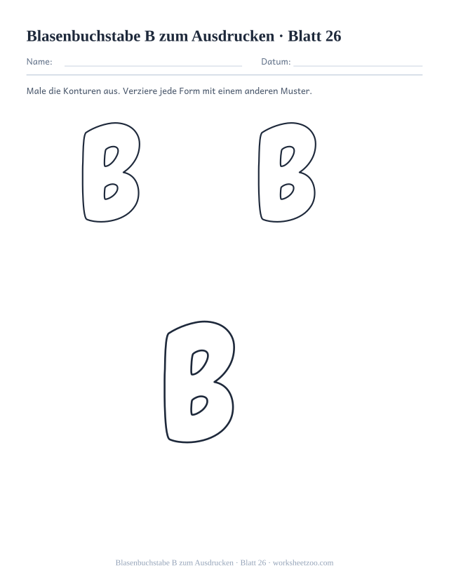 Vorschau: Blasenbuchstabe B zum Ausdrucken, druckbares Arbeitsblatt 26