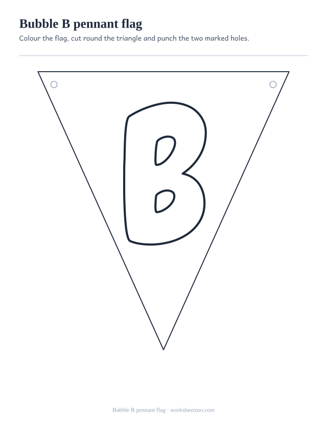 Printable bubble letter B pennant, one triangular banner flag with the B and punch holes