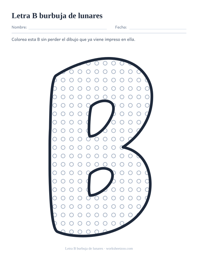 Letra B burbuja de lunares para imprimir, un contorno grande relleno de círculos para colorear alrededor