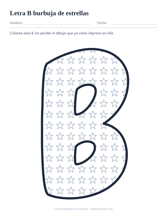 Letra B burbuja de estrellas para imprimir, un contorno relleno de estrellas pequeñas