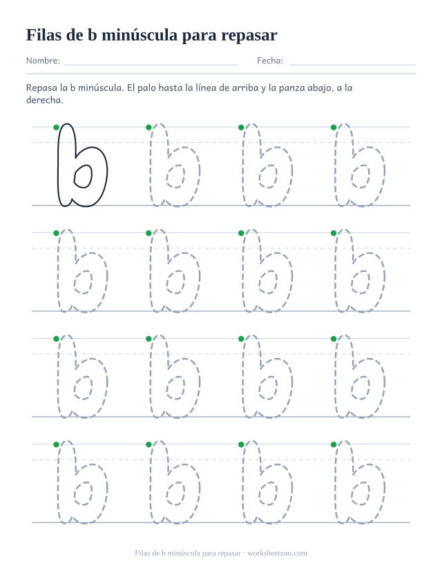 Ficha para repasar la b minúscula burbuja, cuatro filas punteadas sobre pauta de escritura