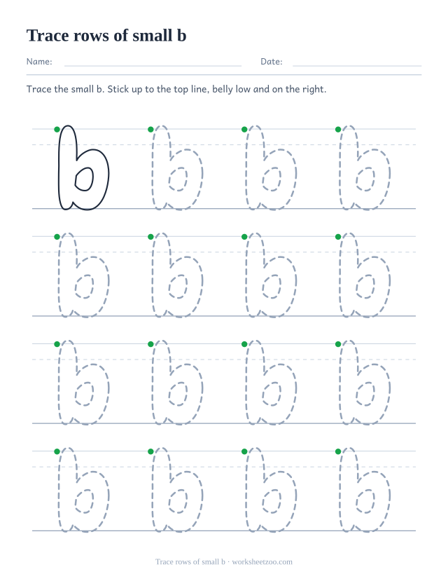 Lowercase bubble letter b tracing worksheet, four rows of dotted small b on handwriting guides