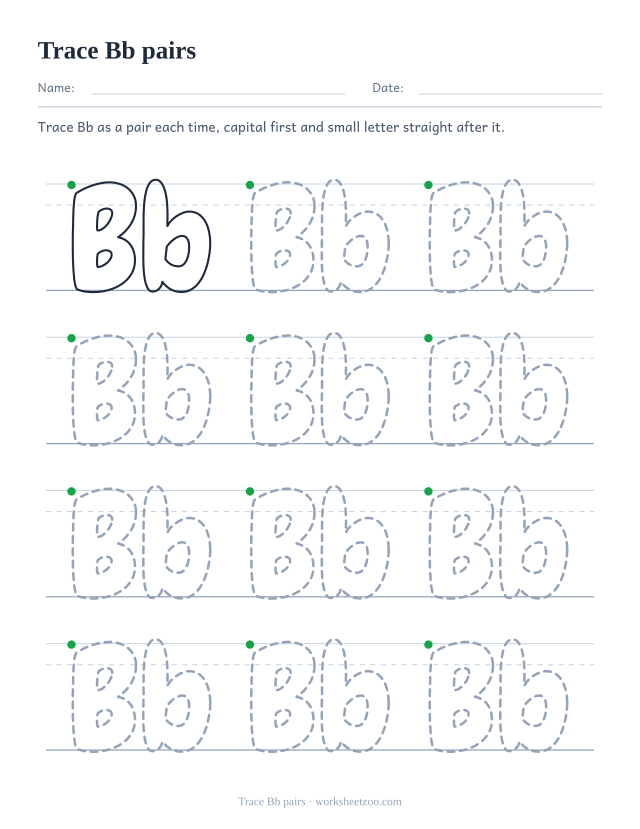 Bubble letter Bb pairs tracing worksheet, twelve dotted capital and small pairs on guides