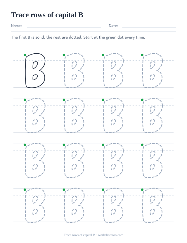 Bubble letter B tracing rows worksheet, sixteen dotted capital B on three-line handwriting guides