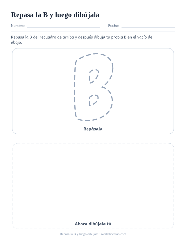 Ficha para repasar y dibujar la letra B burbuja, una B punteada sobre un recuadro vacío