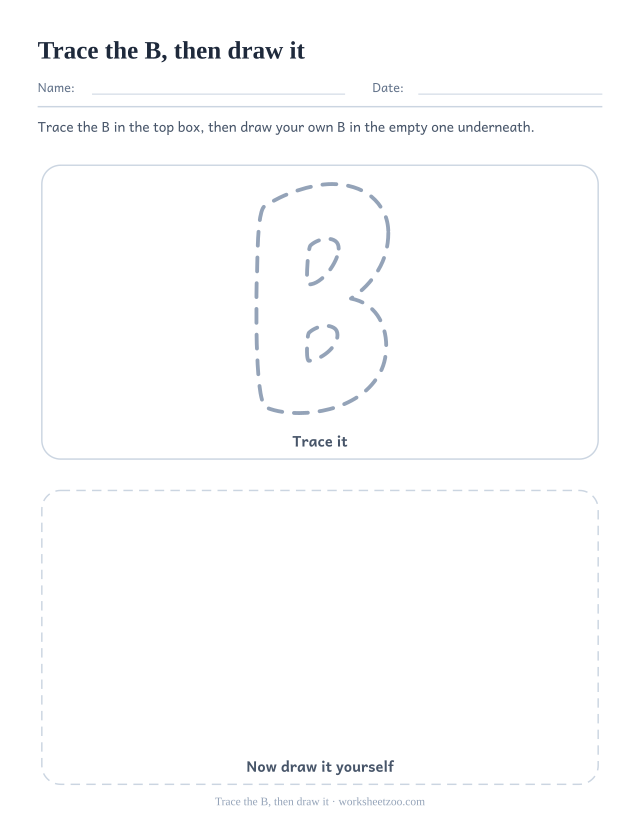Trace and draw bubble letter B worksheet, a dotted B above an empty box for a freehand one
