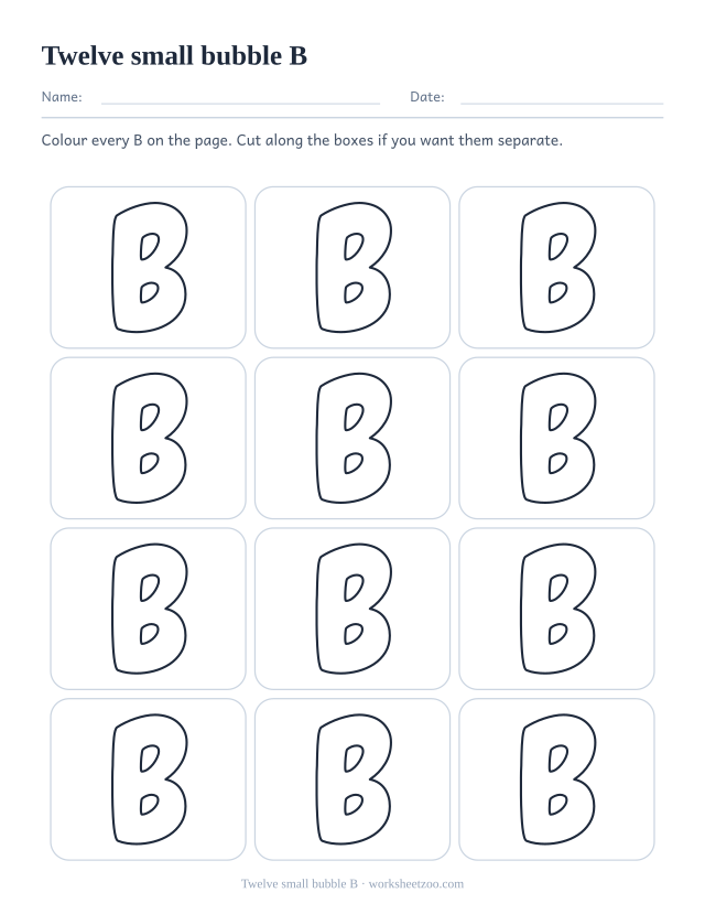 Printable sheet of twelve small bubble letter B outlines in a three by four grid