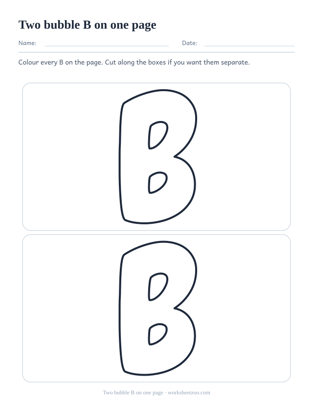 Printable sheet with two large bubble letter B outlines stacked one above the other