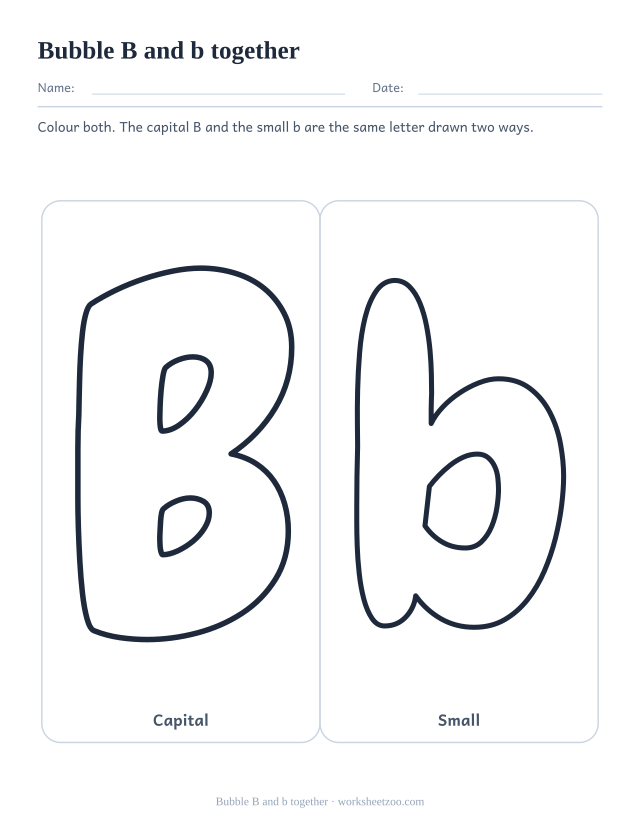 Printable bubble letters B and b side by side, capital and small in matching boxes