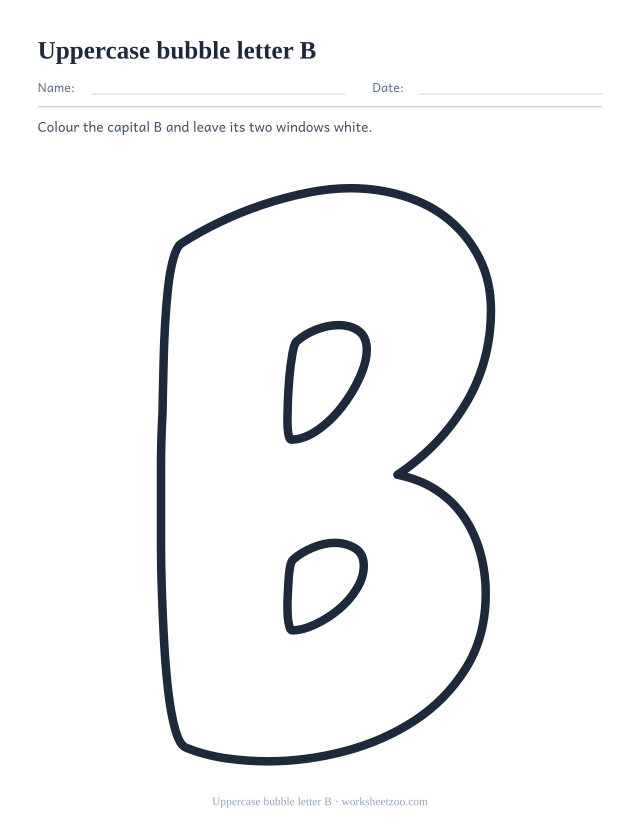 Printable uppercase bubble letter B, one giant rounded outline capital B filling the page