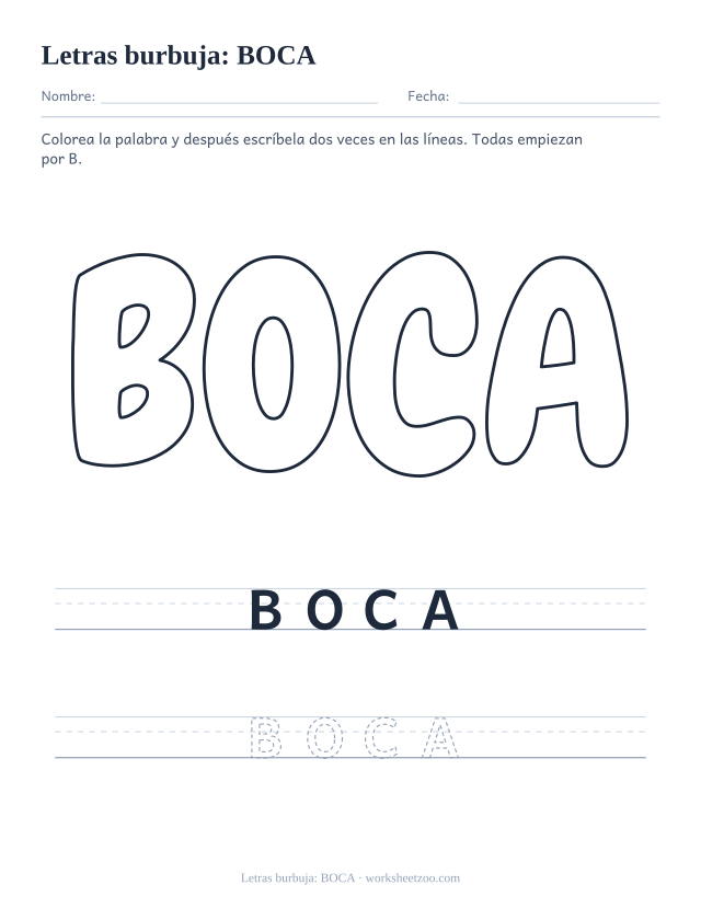 Letras burbuja de la palabra BOCA para imprimir, una palabra corta con B para colorear y repasar