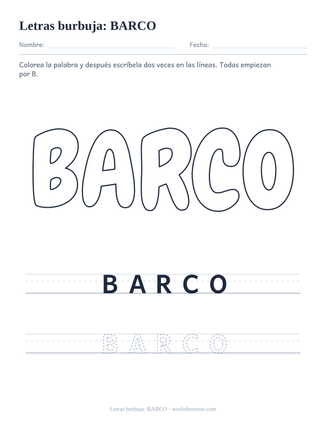 Letras burbuja de la palabra BARCO para imprimir, una palabra con B para colorear y escribir