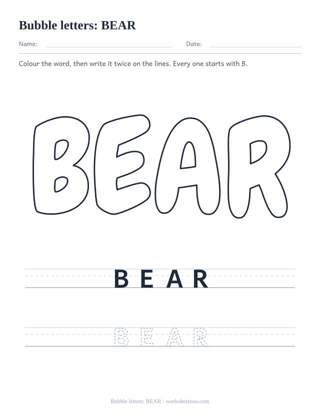 Printable bubble letters spelling BEAR, a four letter B word to colour and write