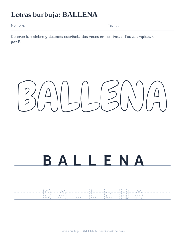 Letras burbuja de la palabra BALLENA para imprimir, una palabra larga con B para colorear