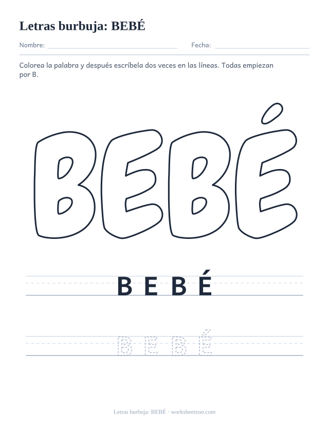 Letras burbuja de la palabra BEBÉ para imprimir, una palabra con dos B y tilde para colorear