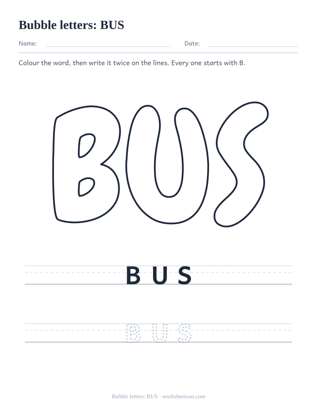 Printable bubble letters spelling BUS, a three letter B word in large rounded outline