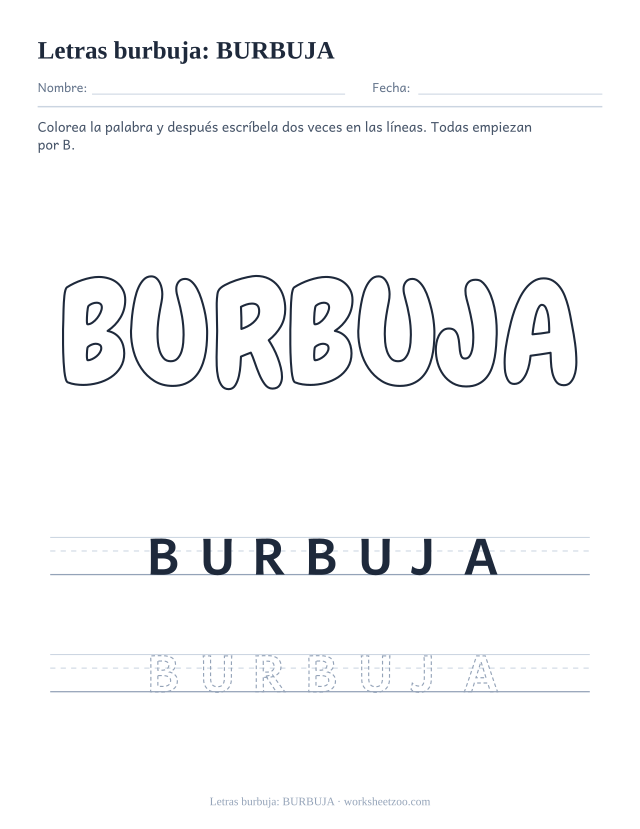 Letras burbuja de la palabra BURBUJA para imprimir, la palabra con B que nombra estas letras