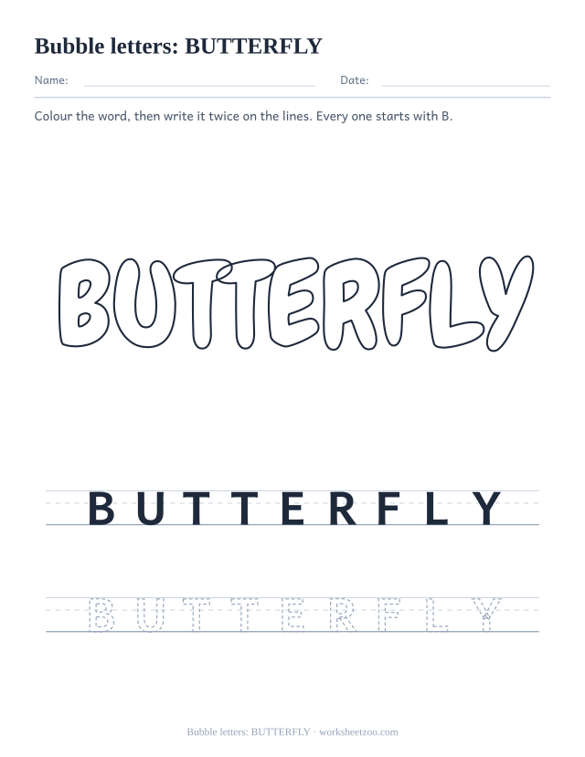Printable bubble letters spelling BUTTERFLY, a long B word to colour and trace