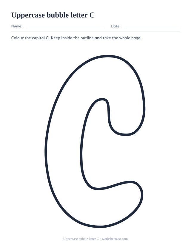 Printable uppercase bubble letter C, one giant rounded outline capital C filling the page