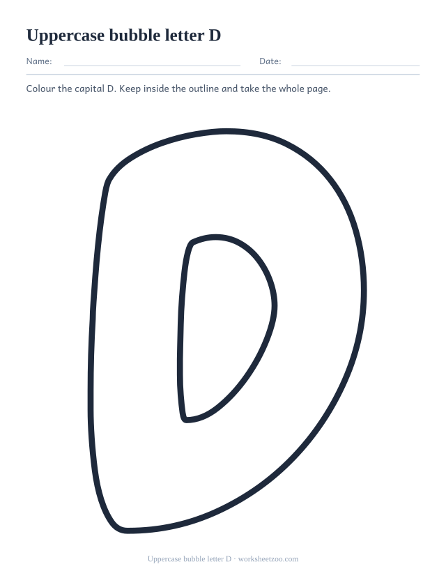 Printable uppercase bubble letter D, one giant rounded outline capital D filling the page