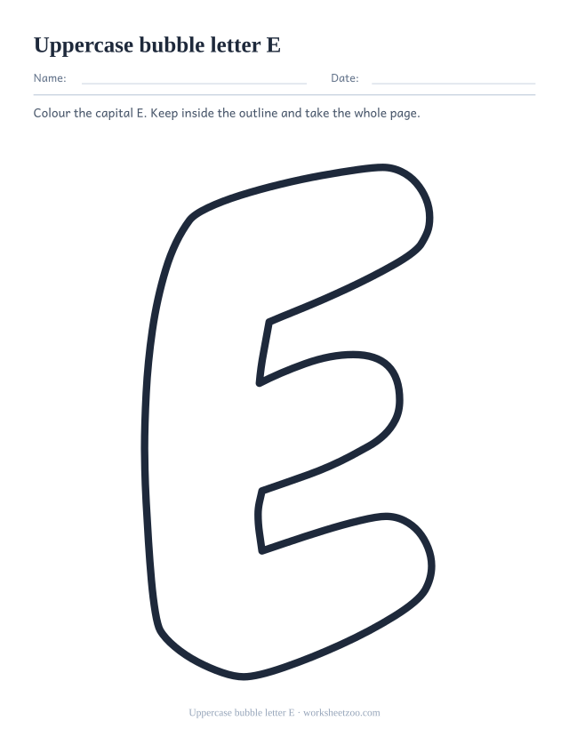 Printable uppercase bubble letter E, one giant rounded outline capital E filling the page