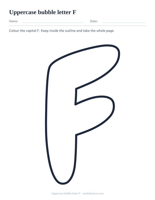 Printable uppercase bubble letter F, one giant rounded outline capital F filling the page