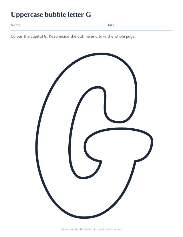 Printable uppercase bubble letter G, one giant rounded outline capital G filling the page