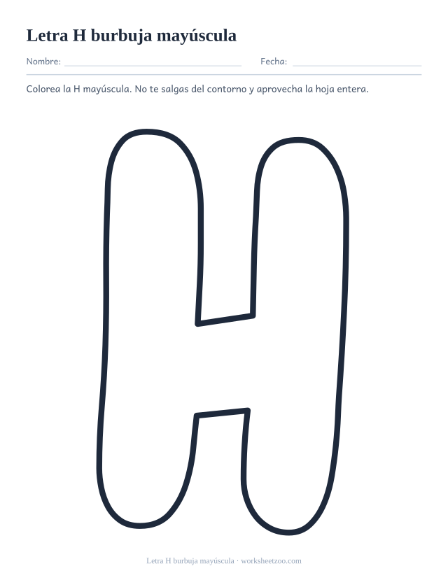 Letra H burbuja mayúscula para imprimir, un contorno redondeado gigante que ocupa la hoja