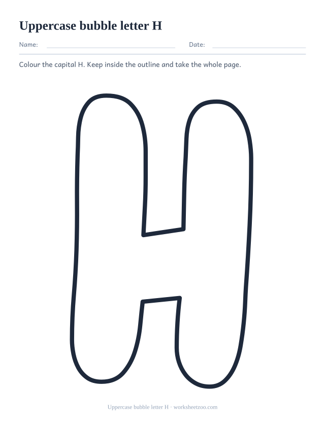 Printable uppercase bubble letter H, one giant rounded outline capital H filling the page