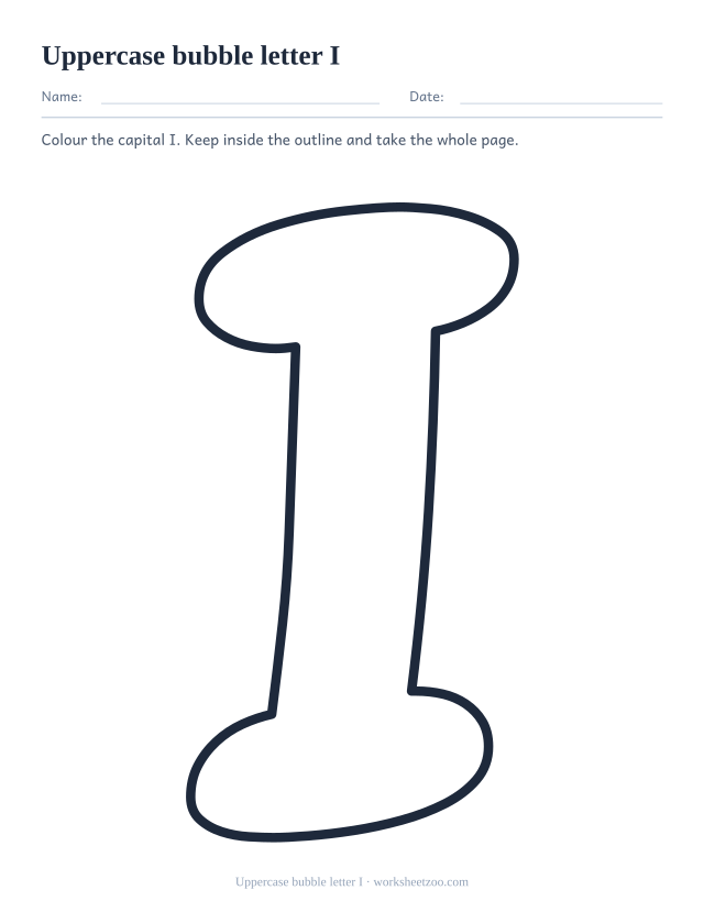 Printable uppercase bubble letter I, one giant rounded outline capital I filling the page
