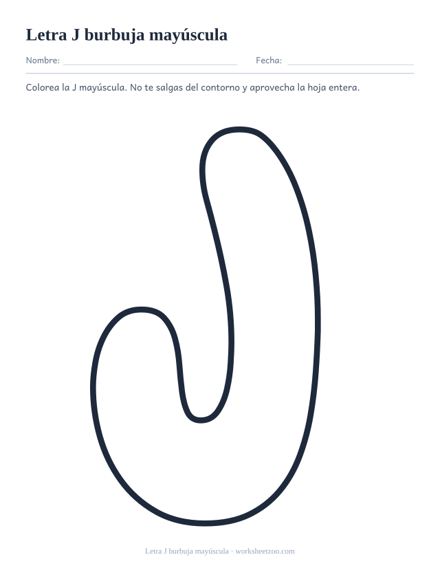 Letra J burbuja mayúscula para imprimir, un contorno redondeado gigante que ocupa la hoja