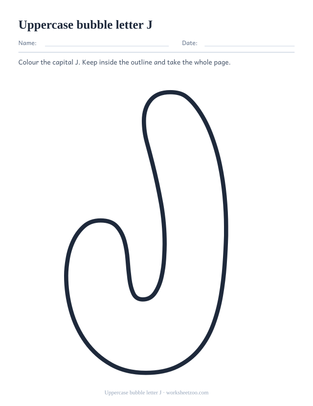 Printable uppercase bubble letter J, one giant rounded outline capital J filling the page