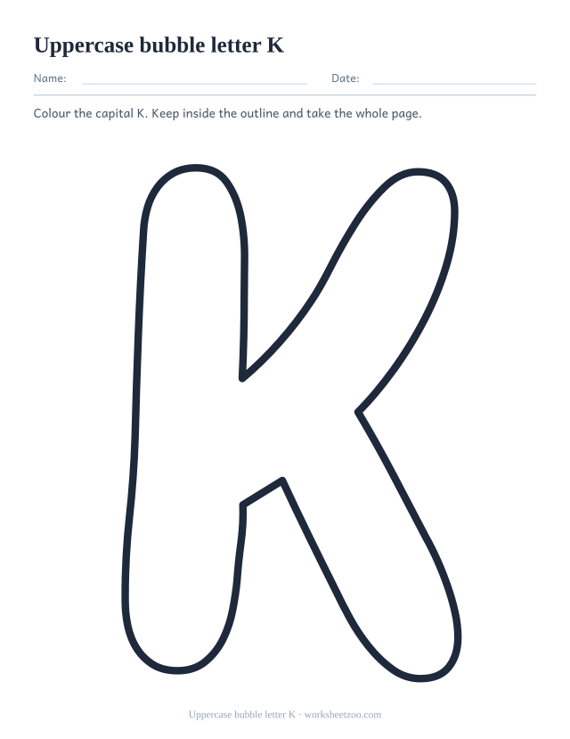 Printable uppercase bubble letter K, one giant rounded outline capital K filling the page