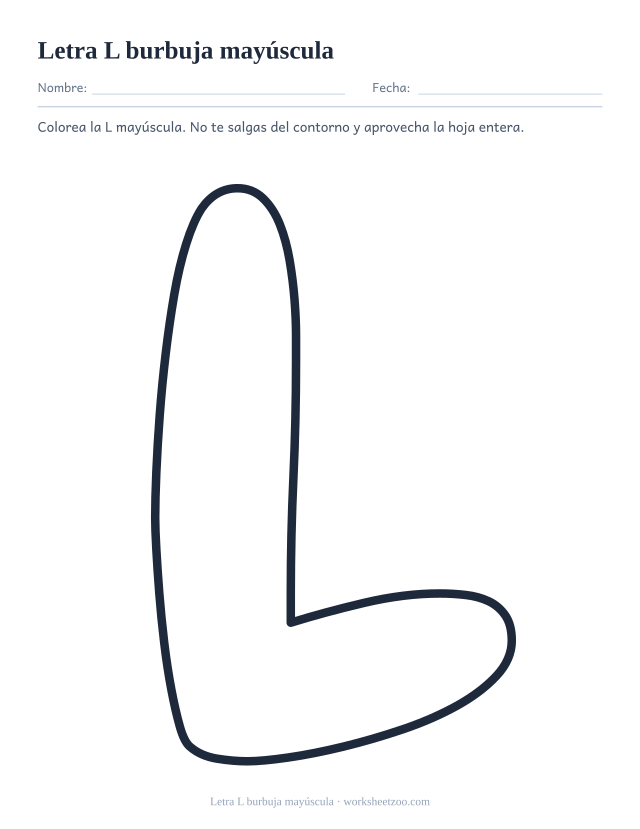 Letra L burbuja mayúscula para imprimir, un contorno redondeado gigante que ocupa la hoja