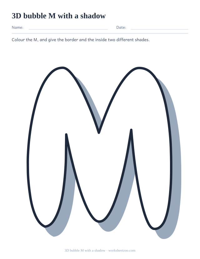 Printable 3D bubble letter M, a white M outline over a solid grey drop shadow