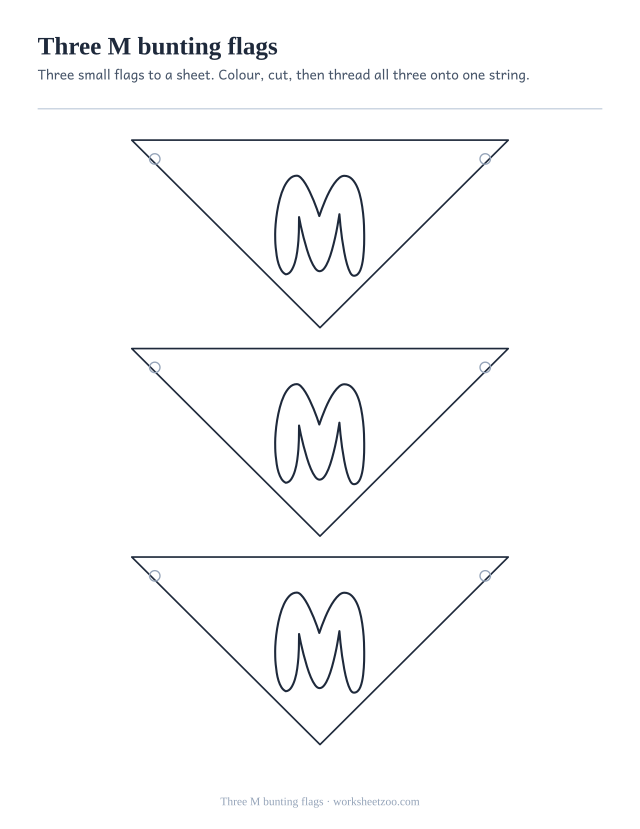 Printable M bunting sheet, three small bubble letter M pennants to cut out and string up