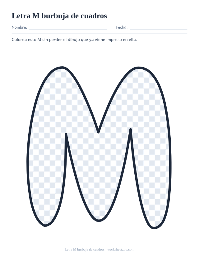 Letra M burbuja de cuadros para imprimir, un contorno relleno de un tablero de casillas