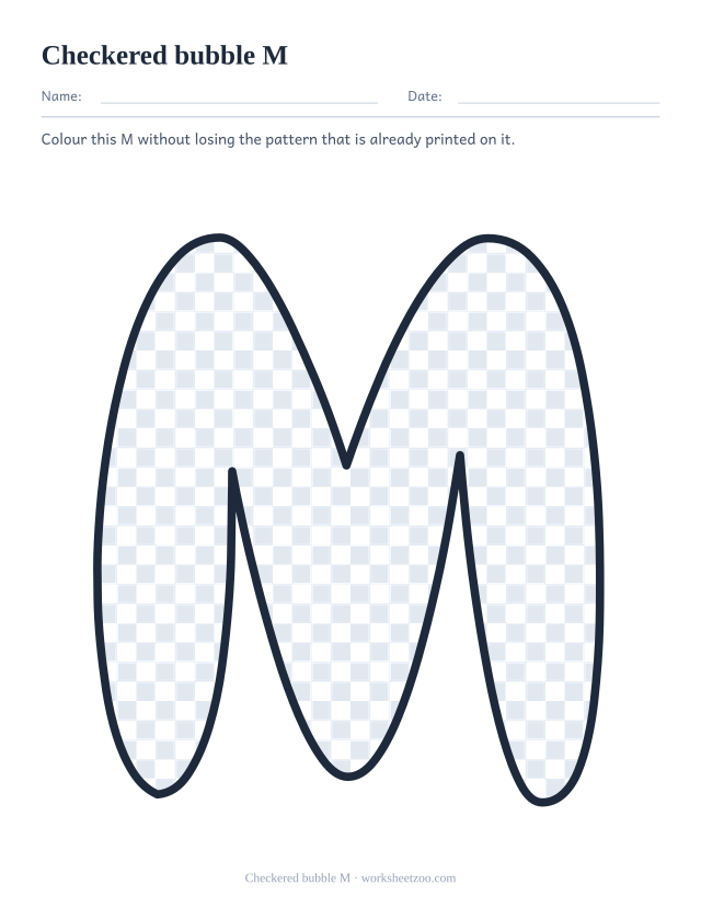 Printable checkered bubble letter M, a M outline filled with a chequerboard of squares