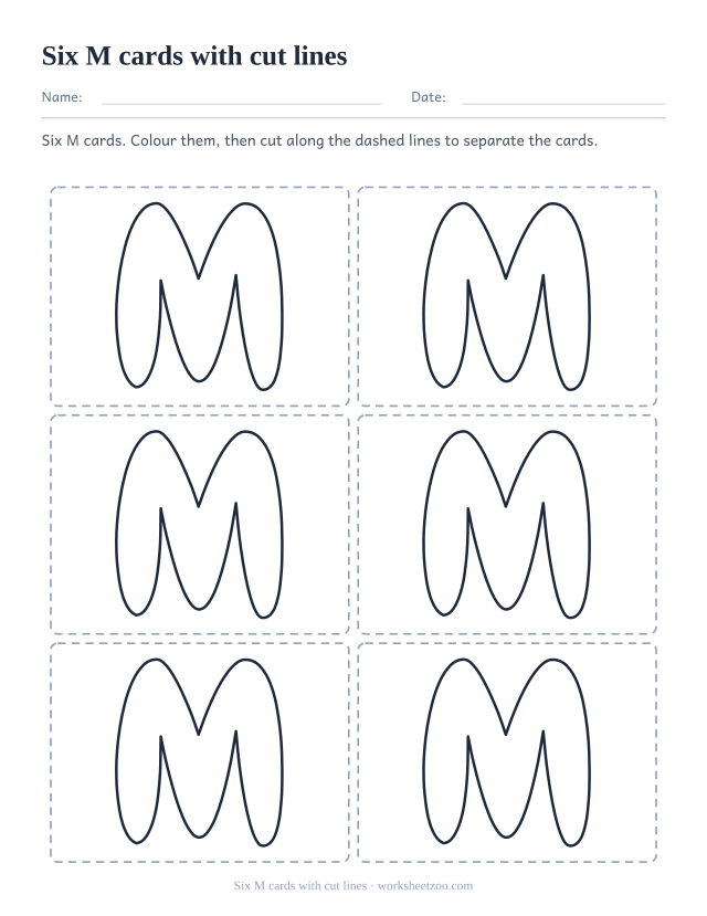 Printable M letter cards, six bubble letter M boxes marked with dashed cutting lines