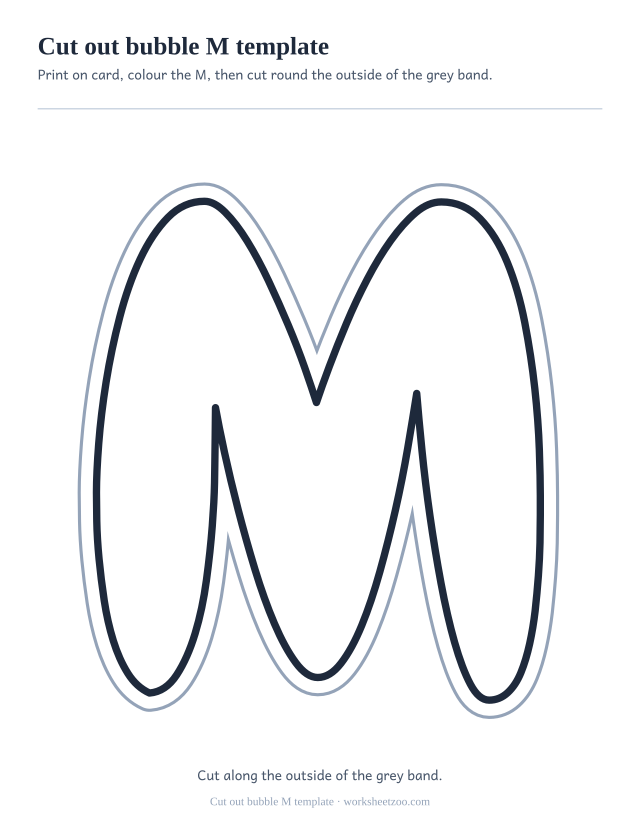 Cut out bubble letter M template, a large M inside a grey cutting band