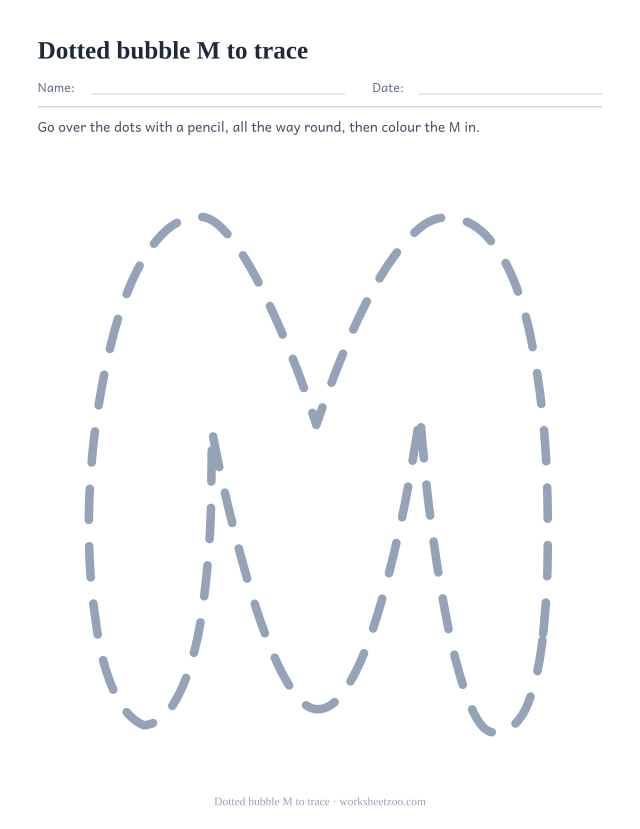 Dotted bubble letter M tracing worksheet, one large dashed M outline to draw over