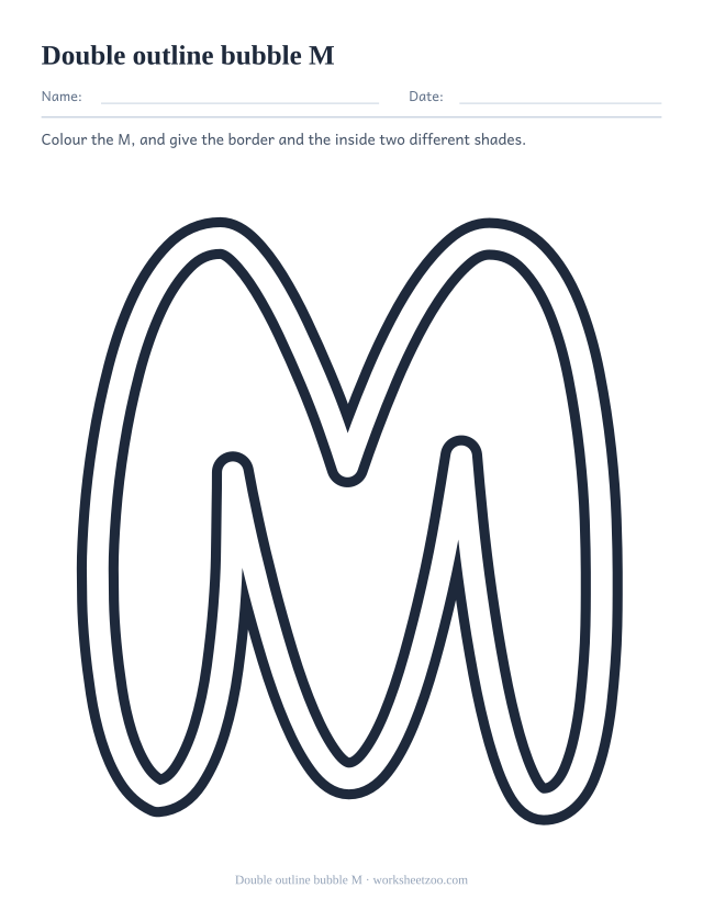 Printable double outline bubble letter M, a M drawn with two parallel contour lines
