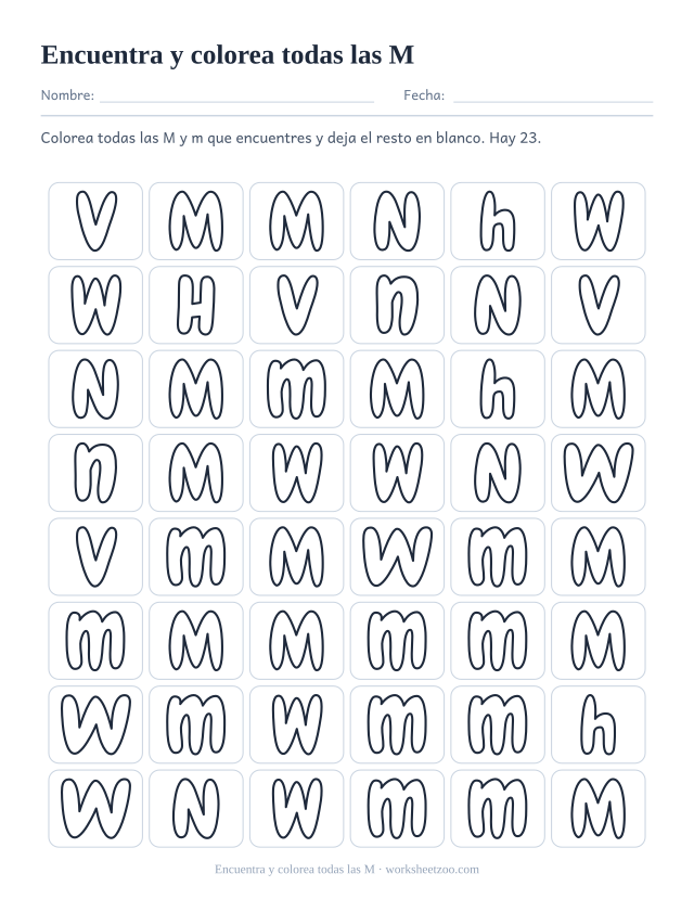 Ficha para encontrar la letra M, una cuadrícula de letras burbuja donde solo se colorean las M