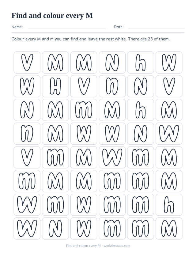 Find the letter M worksheet, a grid of bubble letters where only the M shapes are coloured in
