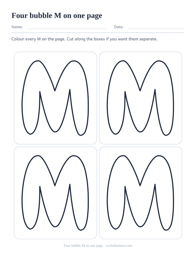 Printable sheet of four bubble letter M outlines in a two by two grid