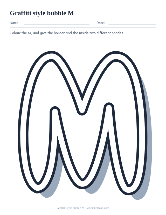 Printable graffiti bubble letter M, a chunky M with a split black border and a hard shadow