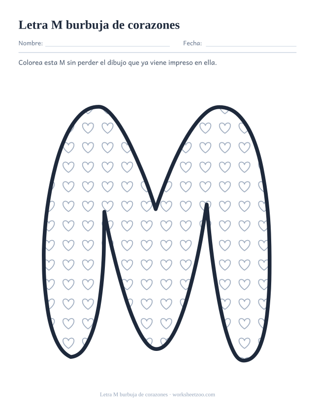 Letra M burbuja de corazones para imprimir, un contorno relleno de corazones pequeños