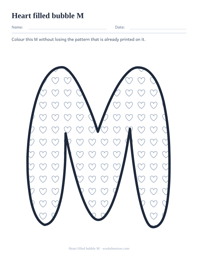 Printable heart pattern bubble letter M, a M outline filled with small hearts to colour